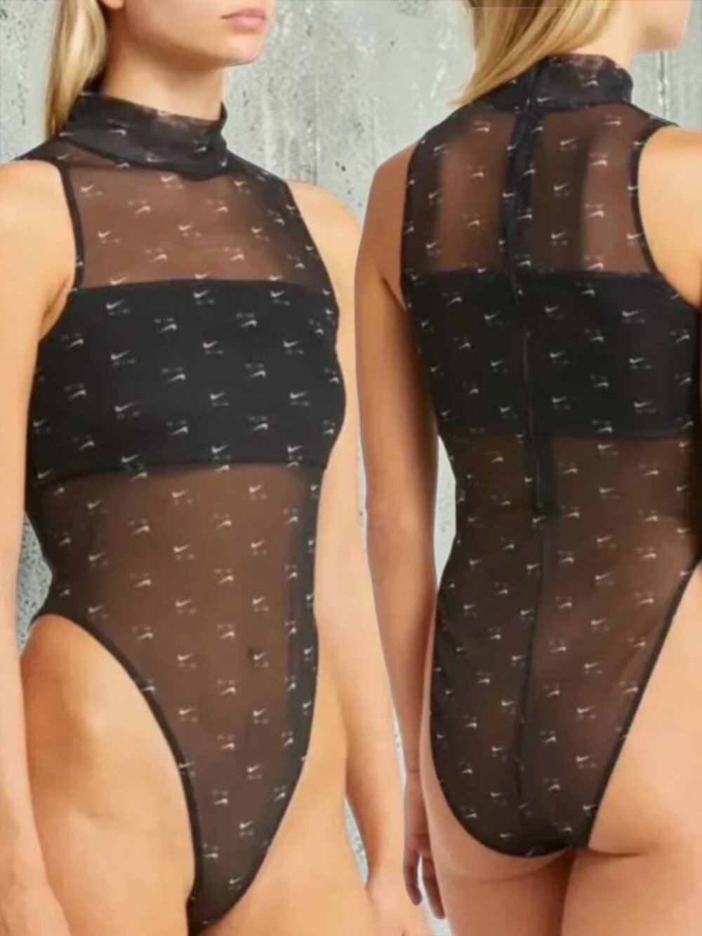 Nike Air Womens Printed Mock Neck Bodysuit XS Black Sheer Logo Sleeveless
